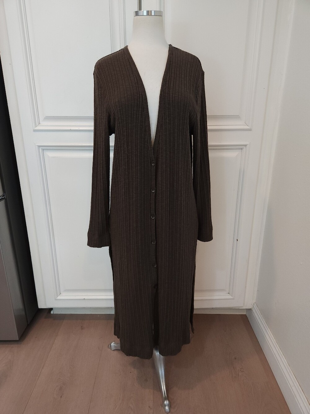 Long Ribbed Button-Front Cardigan Dress in Deep Brown
